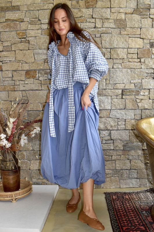 Nonni Gingham Poet Blouse Denim